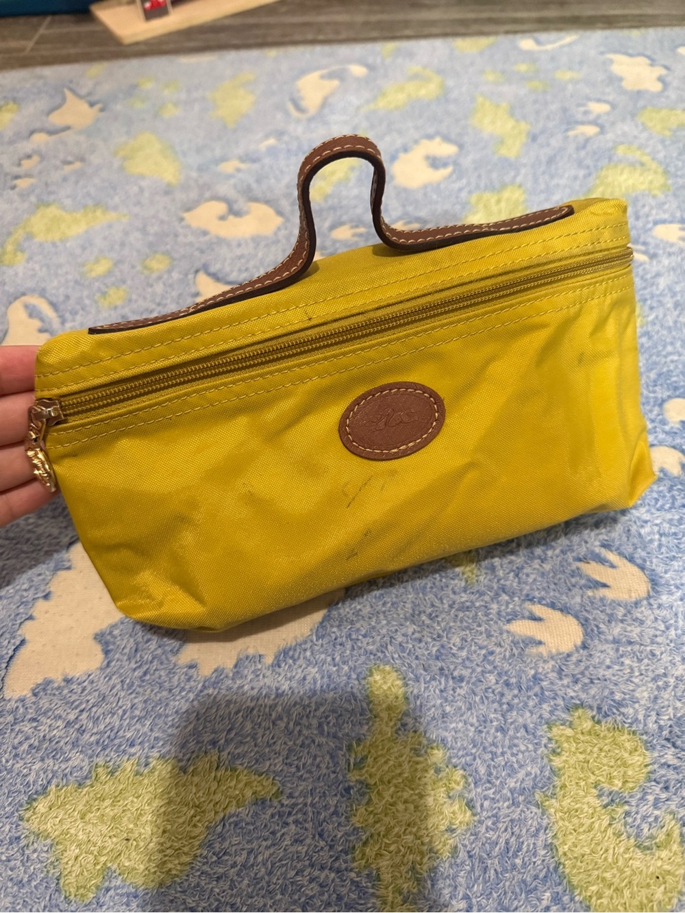Longchamp Yellow Carry-All Pouch with Brown handle